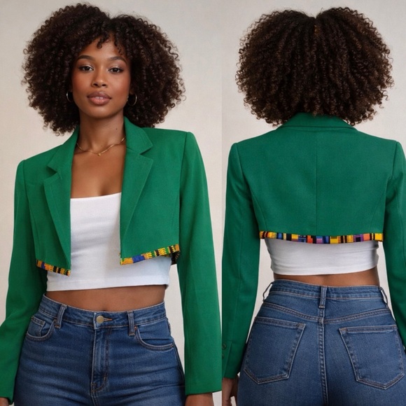 Refashioned By FrugalAddicts Jackets & Blazers - Priorities Green Upcycled Cropped Blazer with African Print Trim Size S